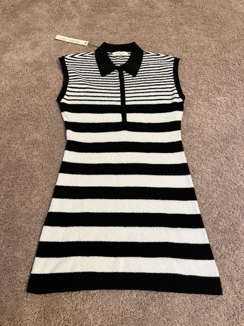 Mustard Seed Black & White Striped Sleeveless Polo Mini Dress